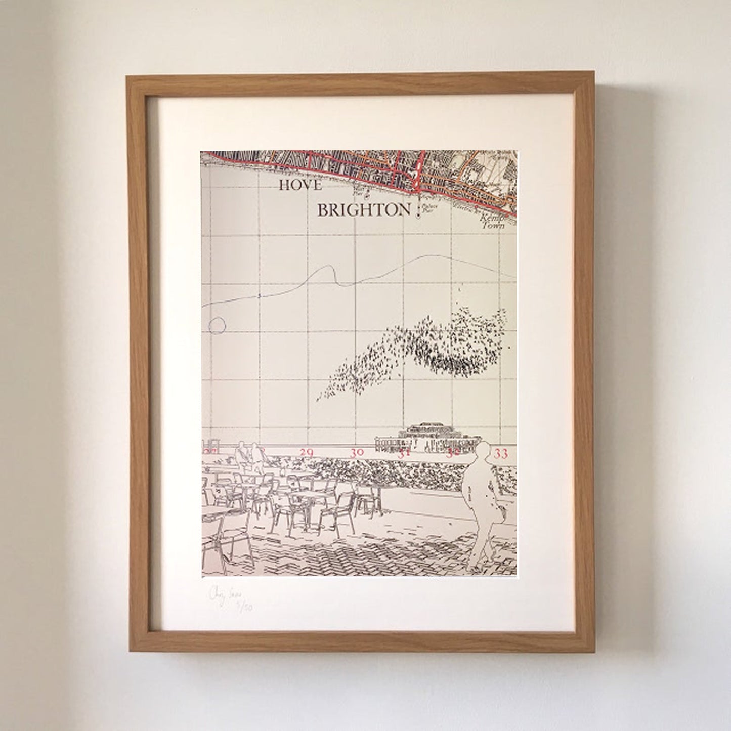 Starling Murmuration No.3 over West Pier, Brighton. Limited edition print on Bartholomews Map, by Chris Snow / Maps & Diagrams