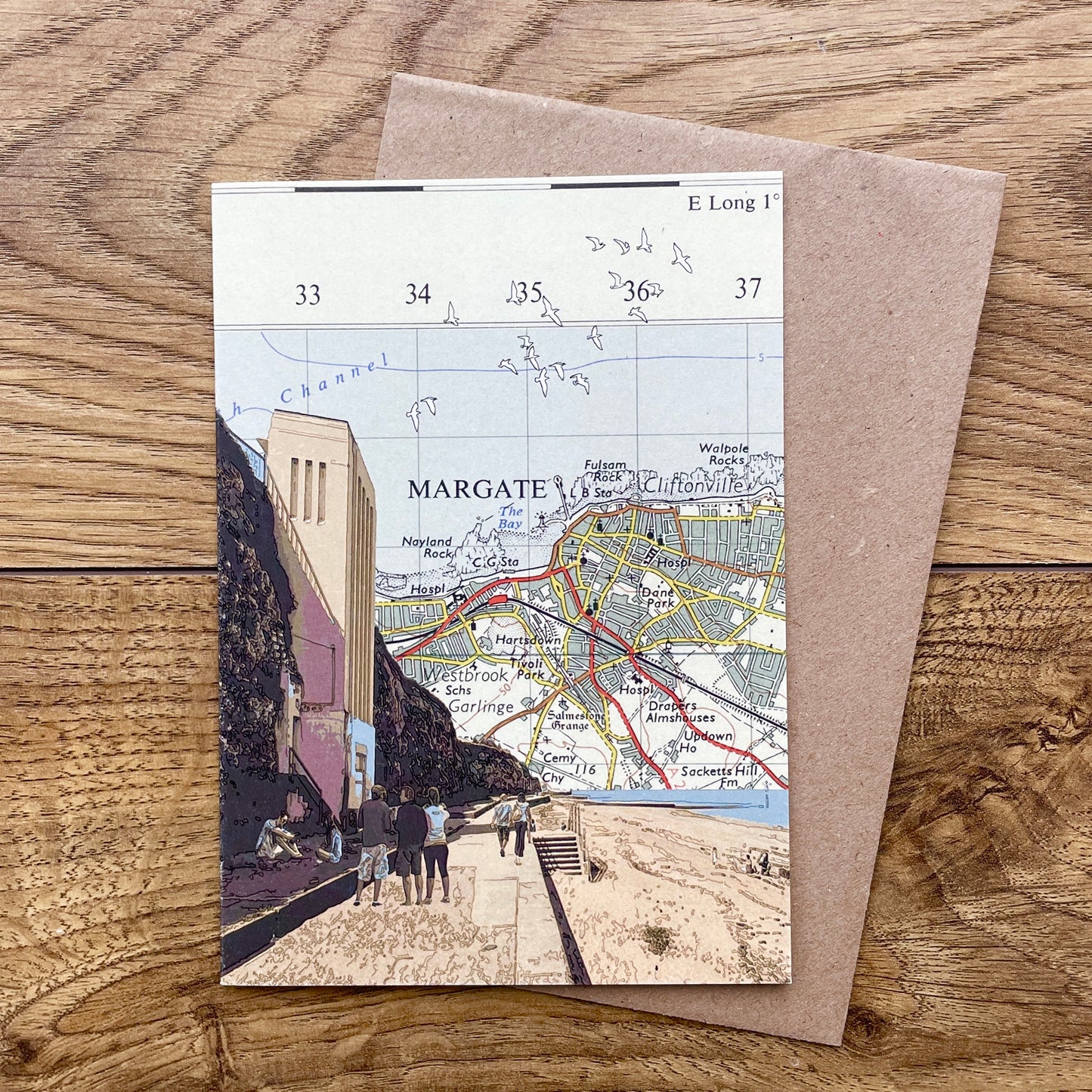 Gift box set of 8 Margate high quality greeting cards featuring maps and original illustrations. Including Walpole Bay, Margate Harbour, Westbrook Beach, Arlington House and T.S. Eliot's shelter