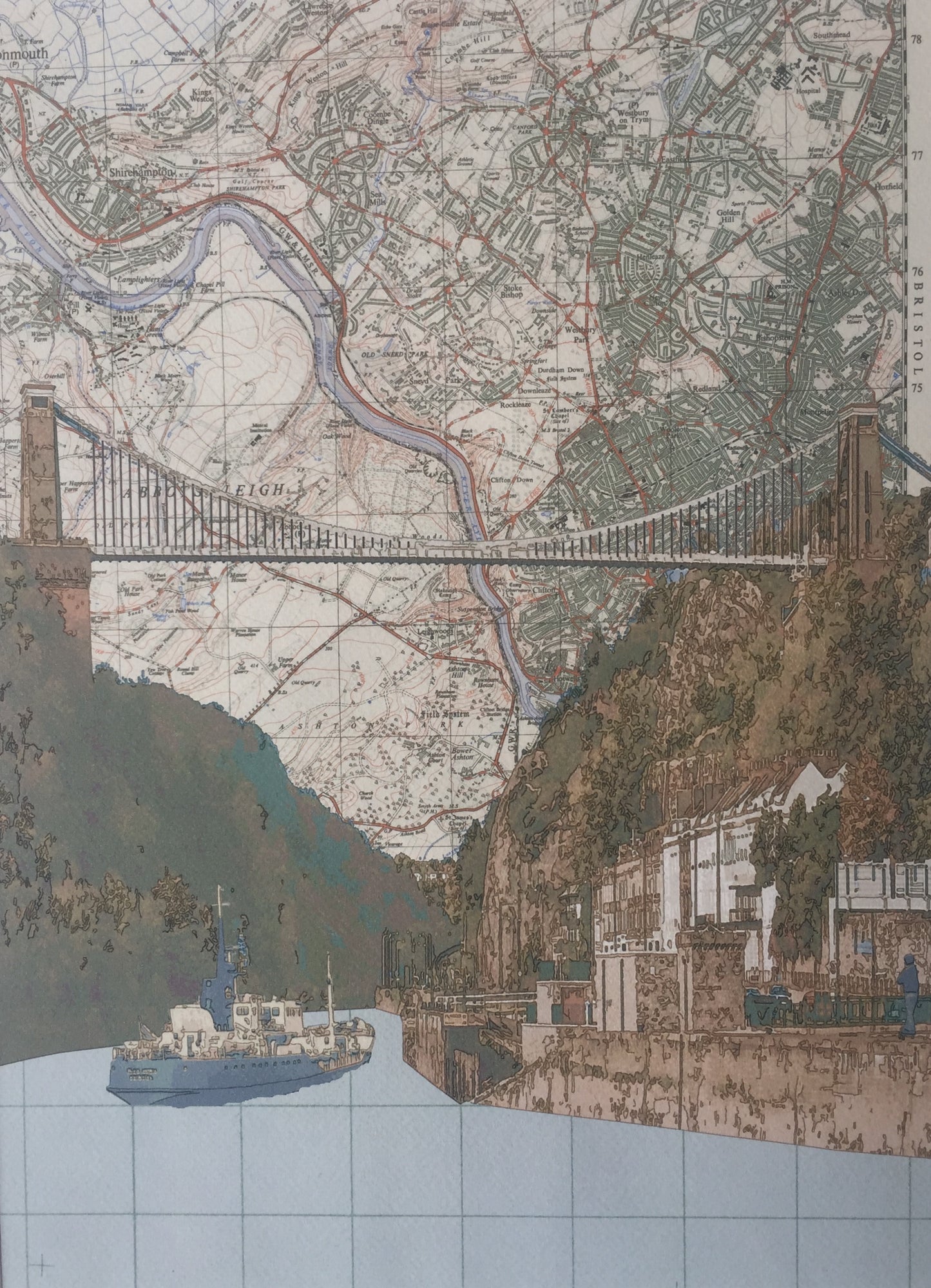 Bristol, Clifton Suspension Bridge, limited edition print on Ordnance Survey Map, by Chris Snow / Maps & Diagrams