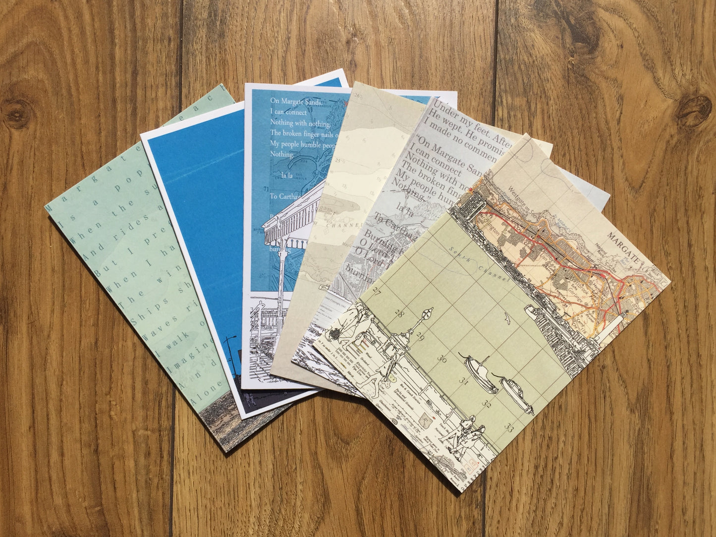 Gift box set of 8 Margate high quality greeting cards featuring maps and original illustrations. Including Walpole Bay, Margate Harbour, Westbrook Beach, Arlington House and T.S. Eliot's shelter