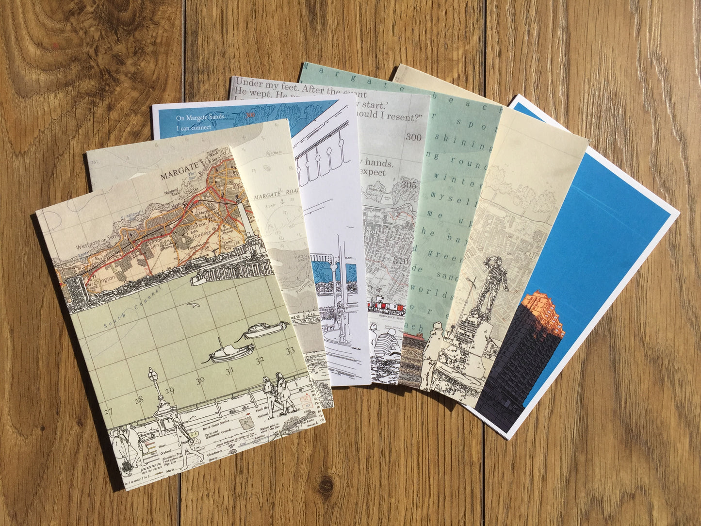 Gift box set of 8 Margate high quality greeting cards featuring maps and original illustrations. Including Walpole Bay, Margate Harbour, Westbrook Beach, Arlington House and T.S. Eliot's shelter
