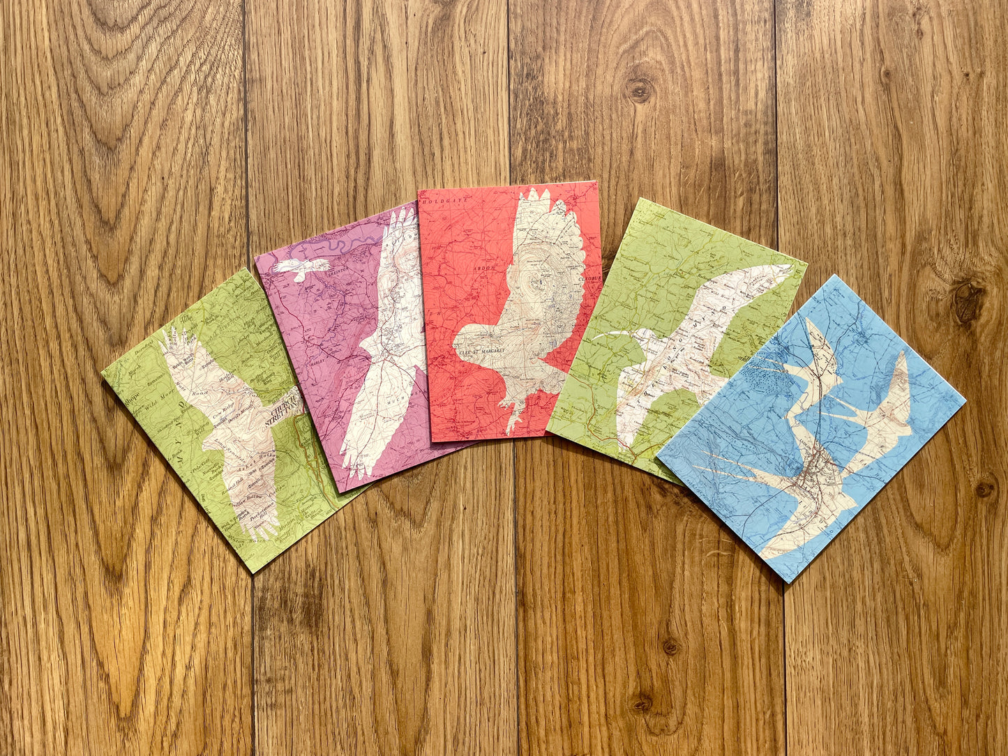 British birds greeting cards printed on OS Ordnance Survey maps. Series of 5 blank cards with recycled paper envelopes