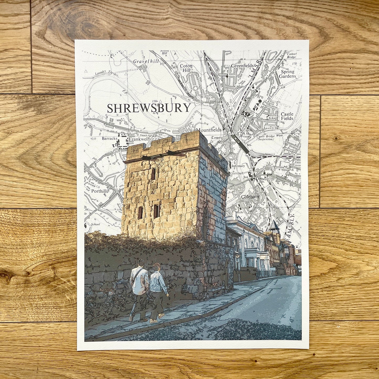 Shrewsbury, Town Walls Tower, Shropshire, limited edition print on Ordnance Survey Map, by Chris Snow / Maps & Diagrams