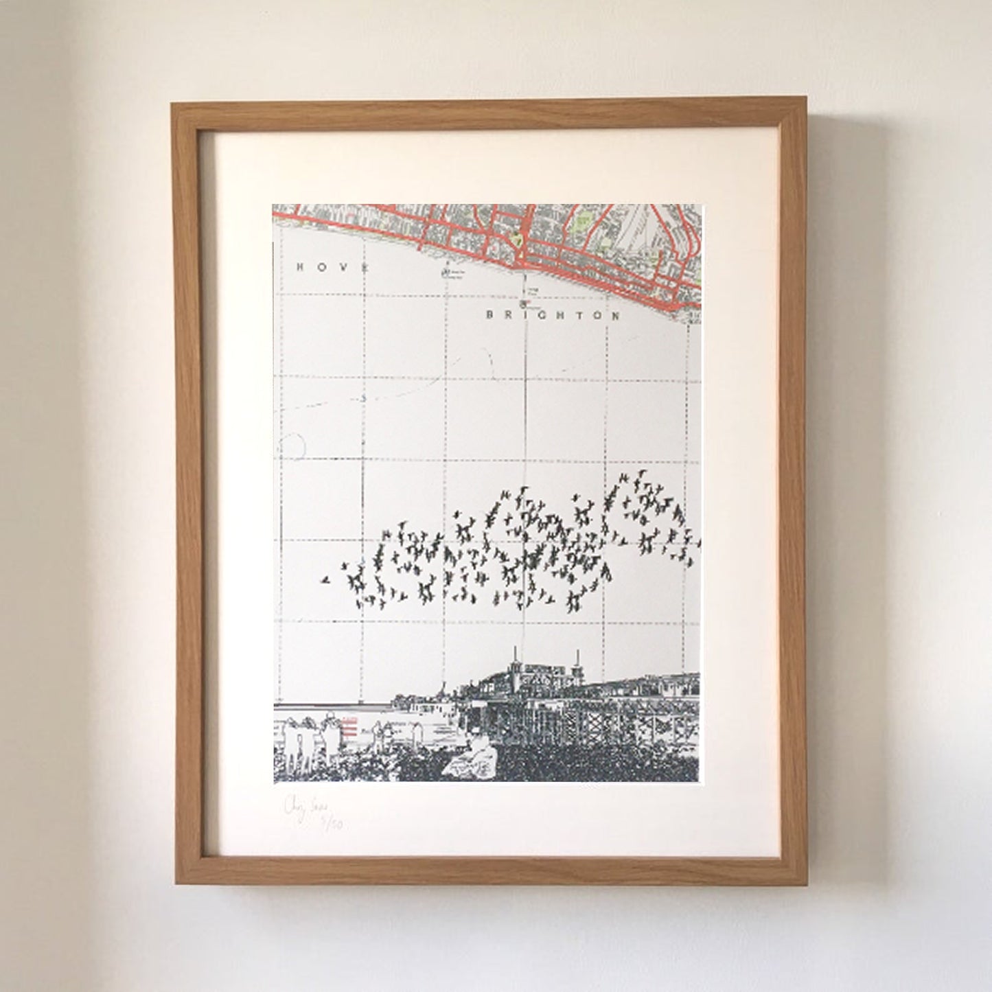 Starling Murmuration over Palace Pier, Brighton. Limited edition print on Bartholomews Map, by Chris Snow / Maps & Diagrams