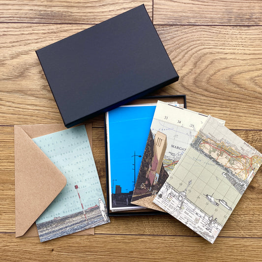 Gift box set of 8 Margate high quality greeting cards featuring maps and original illustrations. Including Walpole Bay, Margate Harbour, Westbrook Beach, Arlington House and T.S. Eliot's shelter