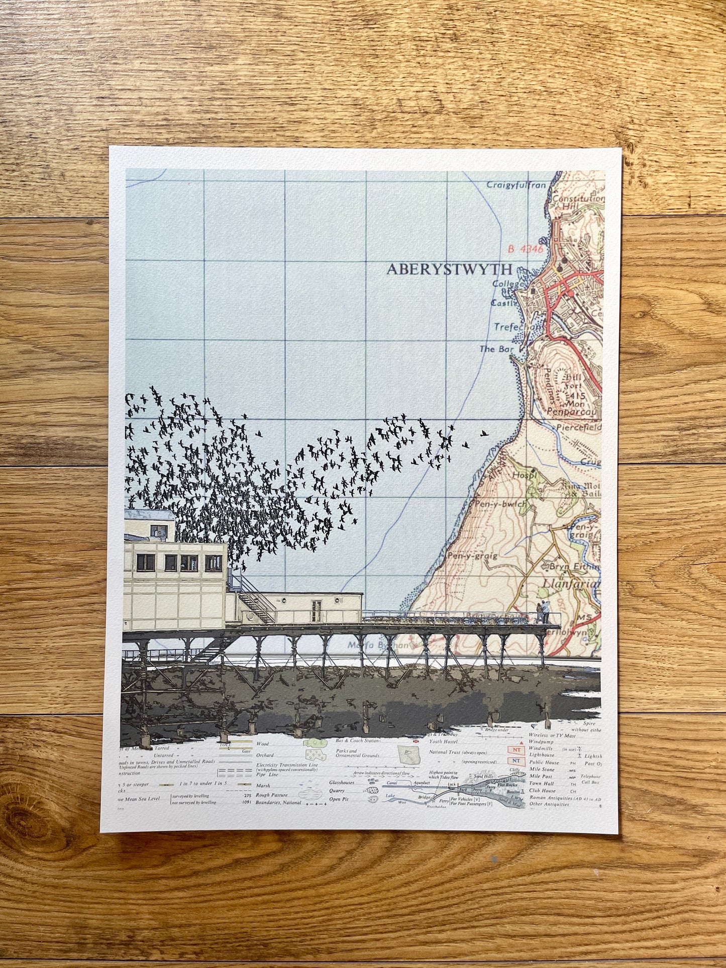 Starling Murmuration over Aberystwyth Pier, limited edition print on Ordnance Survey Map, by Chris Snow / Maps & Diagrams