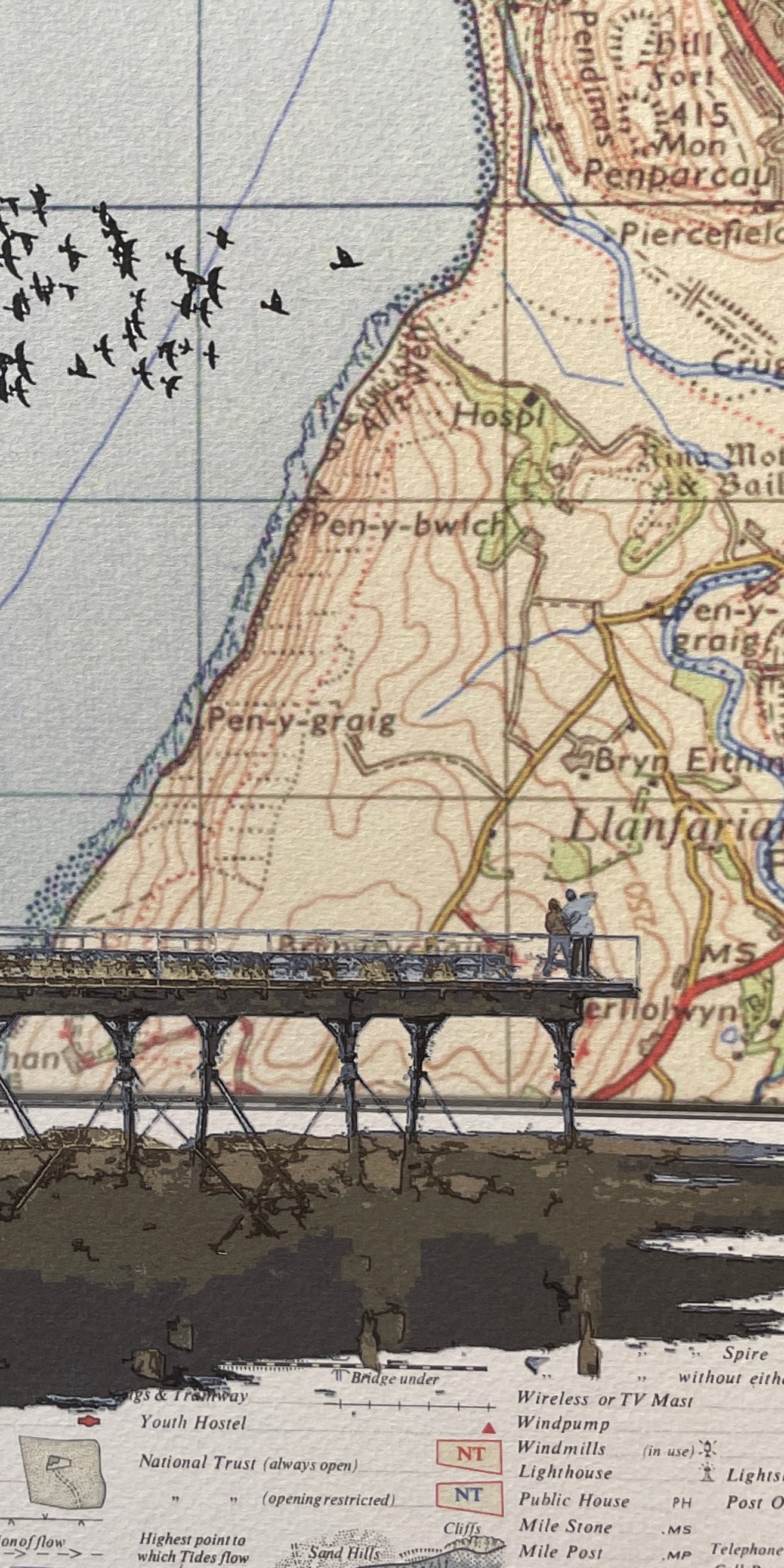 Starling Murmuration over Aberystwyth Pier, limited edition print on Ordnance Survey Map, by Chris Snow / Maps & Diagrams