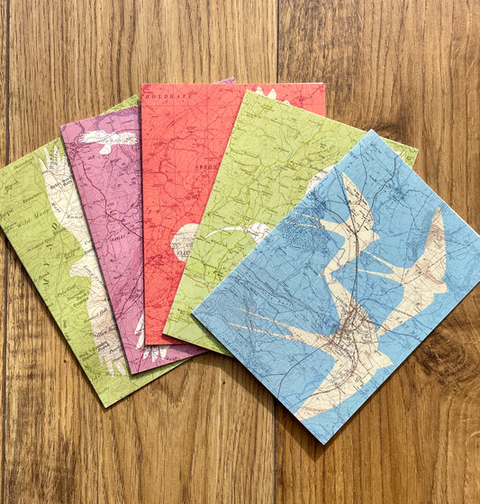 British birds greeting cards printed on OS Ordnance Survey maps. Series of 5 blank cards with recycled paper envelopes