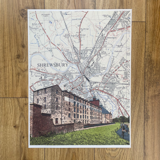 Shrewsbury, Flax Mill, Maltings, limited edition print on Ordnance Survey Map, by Chris Snow / Maps & Diagrams