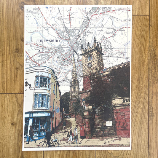 Shrewsbury, Fish Street and High Street, limited edition print on Ordnance Survey Map, by Chris Snow / Maps & Diagrams