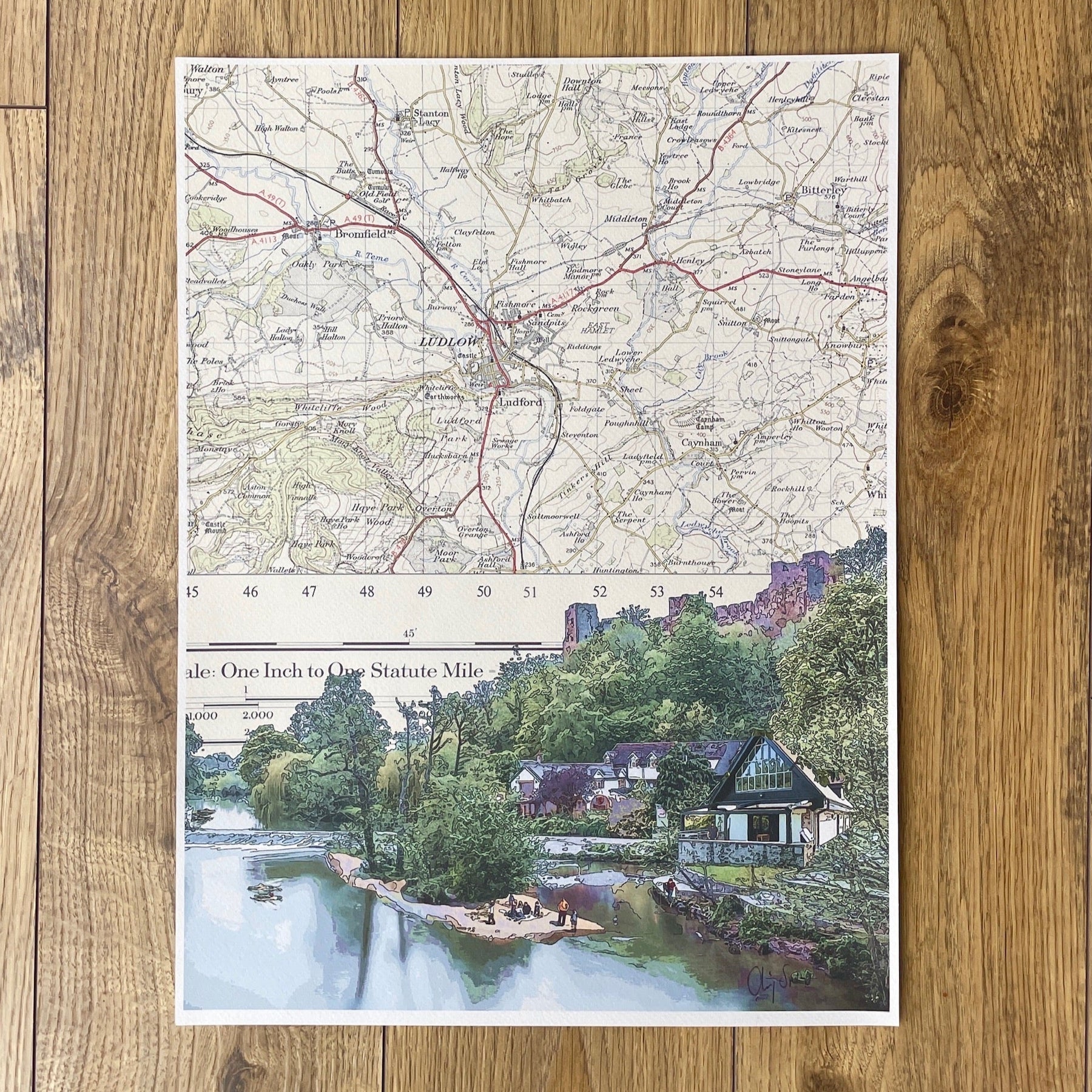 Map of Ludlow river with a scenic illustration of the river and trees and Green cafe