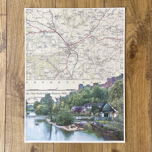 Map of Ludlow river with a scenic illustration of the river and trees and Green cafe