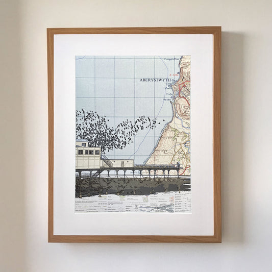 Starling Murmuration over Aberystwyth Pier, limited edition print on Ordnance Survey Map, by Chris Snow / Maps & Diagrams