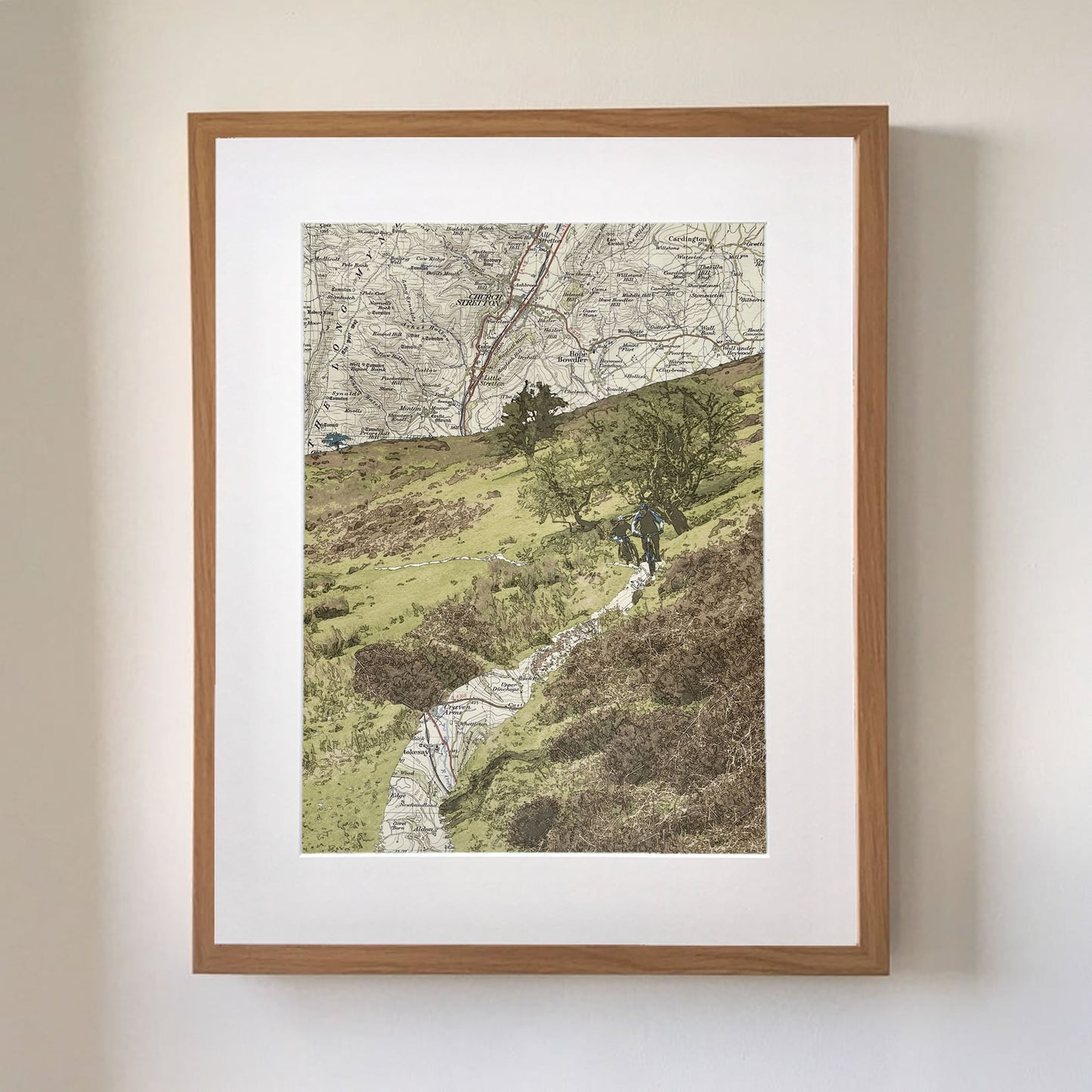 Downhill on the Long Mynd, Minton Batch, limited edition print on Ordnance Survey Map, by Chris Snow / Maps & Diagrams