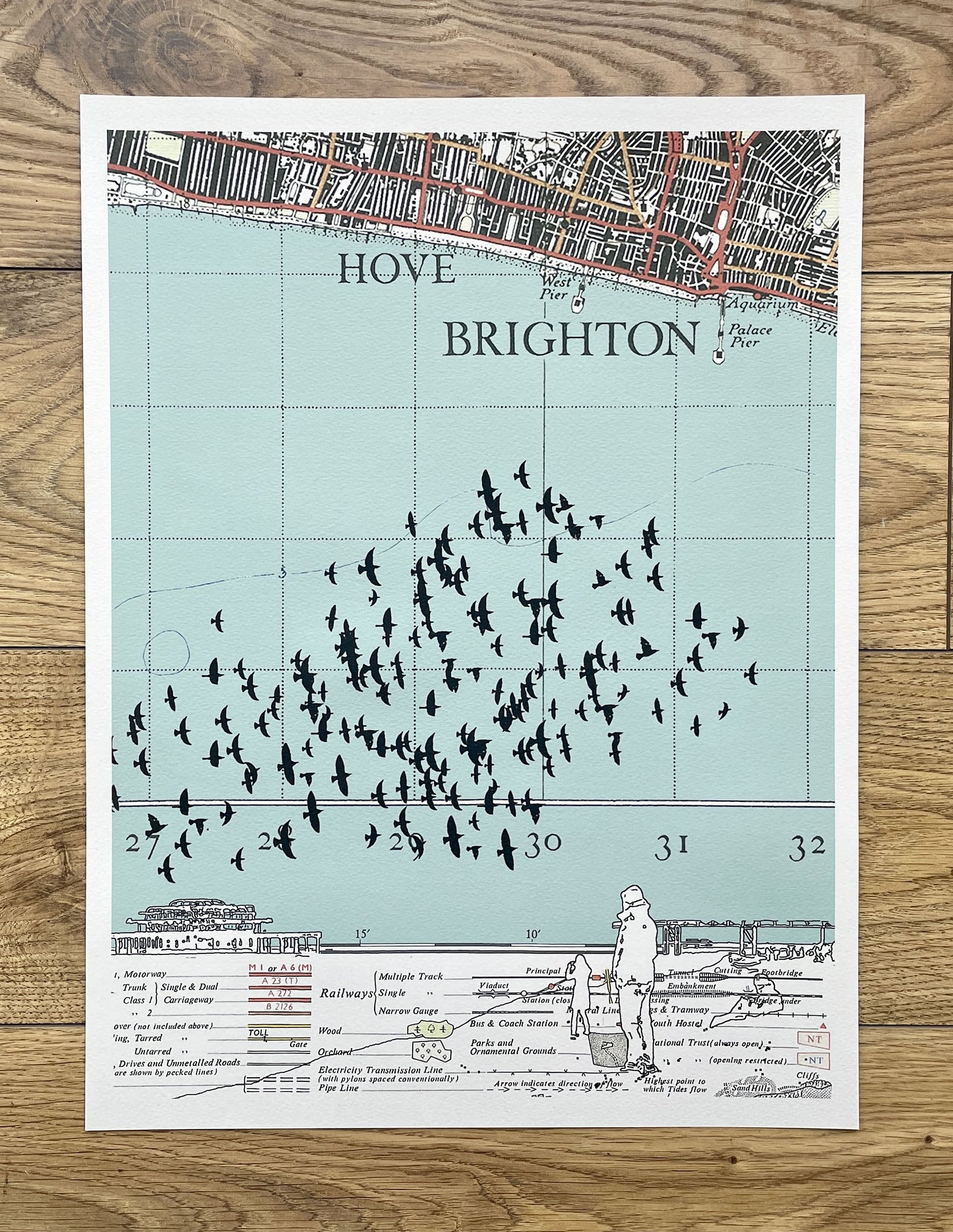 Starling Murmuration No. 2 in blue over Brighton, limited edition print on Ordnance Survey Map, by Chris Snow / Maps & Diagrams