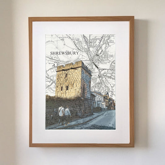 Shrewsbury, Town Walls Tower, Shropshire, limited edition print on Ordnance Survey Map, by Chris Snow / Maps & Diagrams